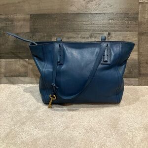 Fossil Blue Leather Women’s Emma Zippered Tote Bag Purse with Brass Key